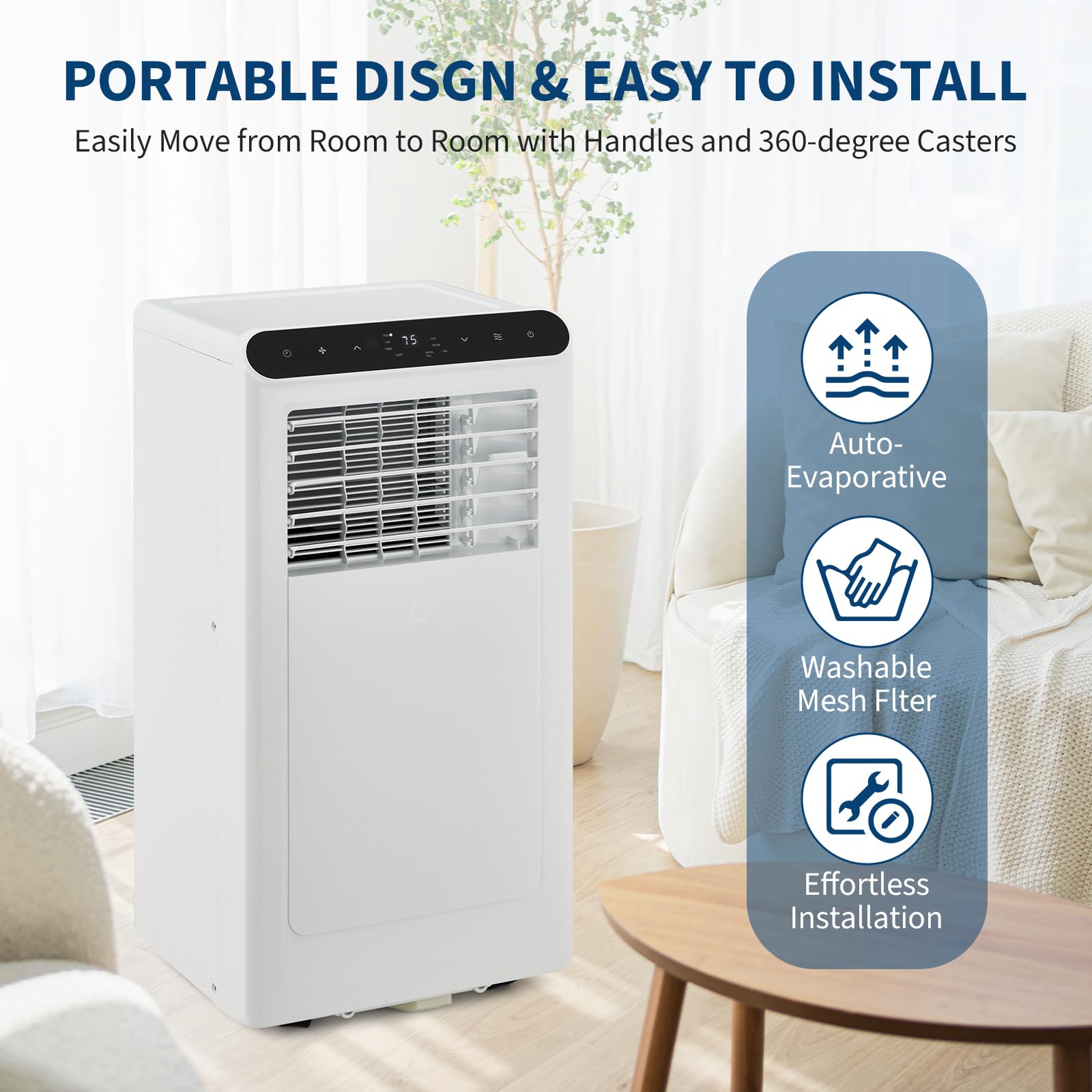 8000 Btu Portable Air Conditioners, 4-In-1 Portable Ac Unit For Rooms Up To 350 Sq. Ft, Dehumidifier, Fan, Energy Saving, Remote